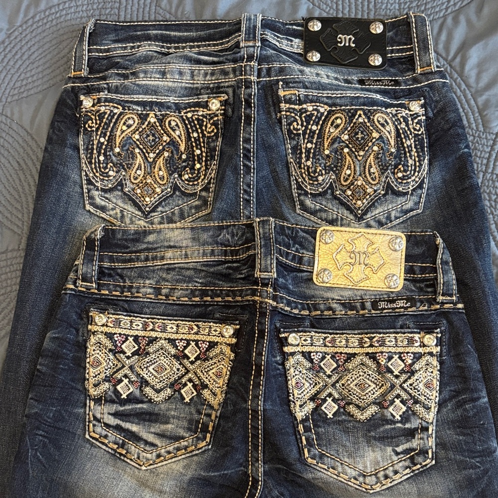 Miss Me Dark Blue Flare Jeans with Gold Embroidery - Picture 3 of 4